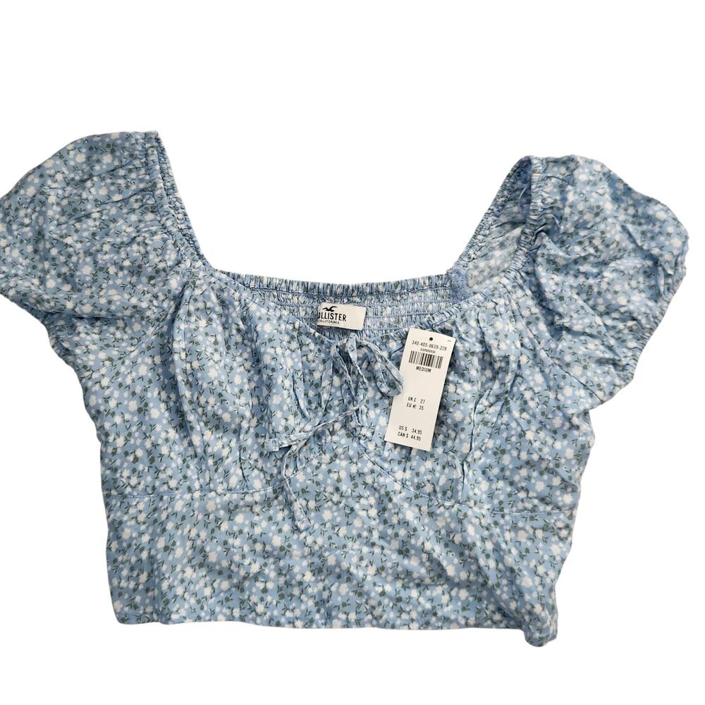 New Hollister Blue and White Crop Top Medium Cap Sleve Ruched Back